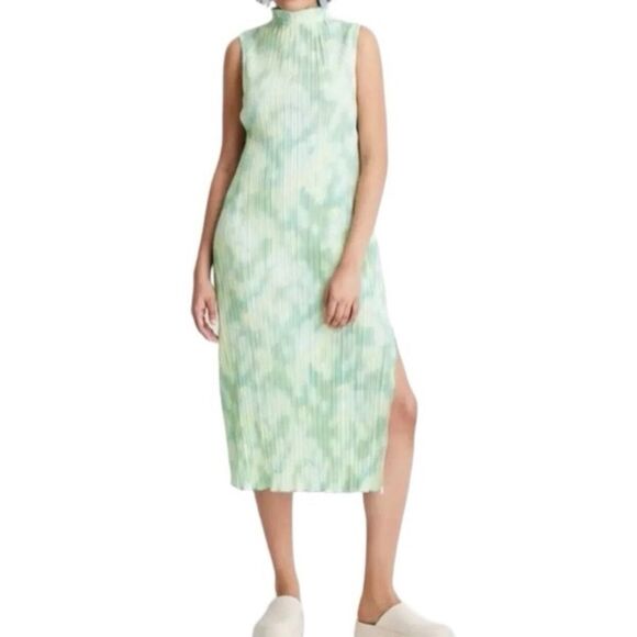 Future Collective Plisse Midi Dress Sz XXS Sleeveless Green White Yellow Boho - Picture 1 of 7